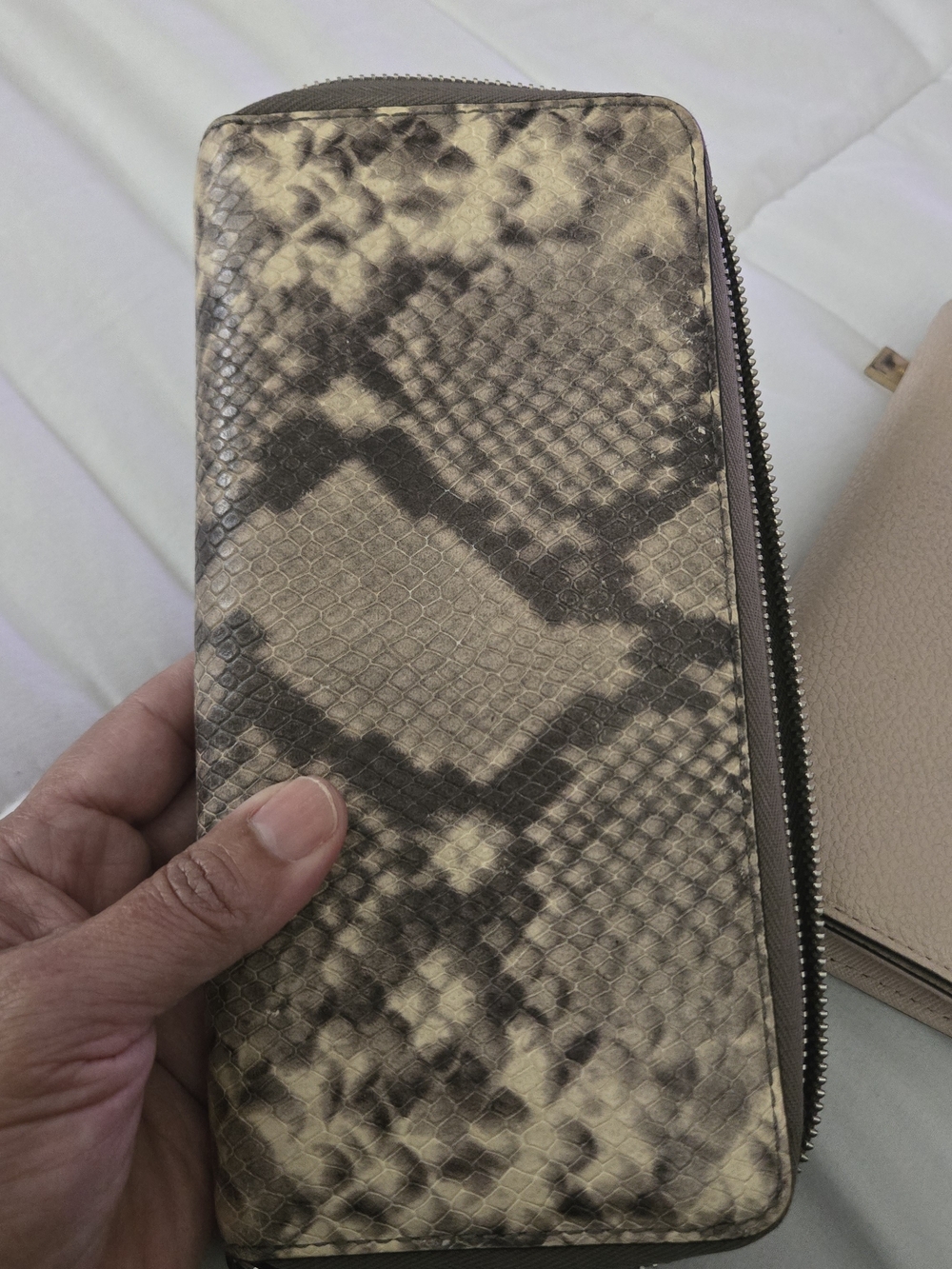 Michael Kors Taupe and Dark Brown Snake-Print Zip Around Wallet - Picture 2 of 4